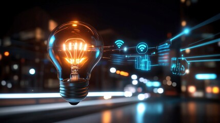 Poster - innovative smart light bulb technology urban nightscape digital art futuristic environment aerial vi