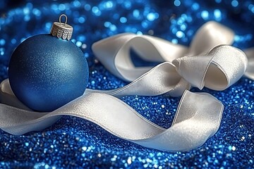 Wall Mural - A blue ornament sits with white ribbon on shimmering blue surface