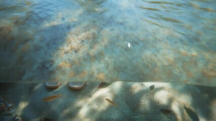 Poster - crystal clear water gently flows over a pair of flip flops resting on a sandy bottom, small fish swi