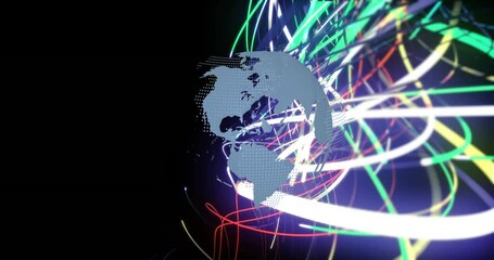 Poster - Animation of globe with colorful light trails and digital network connections