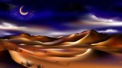 Wall Mural - the sky is dark and cloudy, with a crescent moon shining brightly in the middle. the clouds cover th