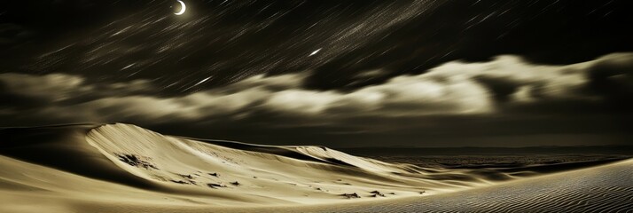 Wall Mural - the sky is dark and cloudy, with a crescent moon shining brightly in the middle. the clouds cover th