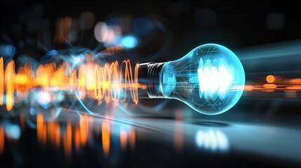Poster - Dynamic light bulb innovation modern laboratory digital art futuristic environment close-up view energy efficiency concept