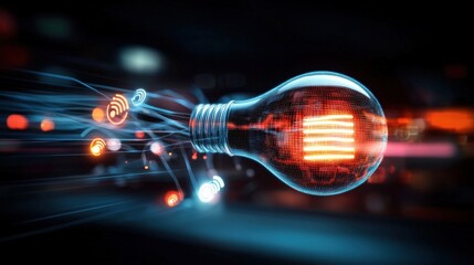 Poster - Dynamic light bulb transformation technology hub digital artwork futuristic setting close-up view innovation concept for seo impact