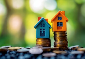 Poster - Small colorful houses on stacks of coins symbolizing investment, savings, and real estate opportunities in a vibrant financial context