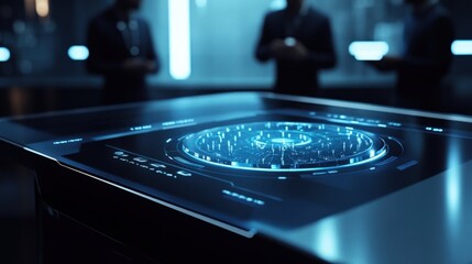 Poster - futuristic interactive touchscreen displaying holographic data with businessmen discussing in the ba