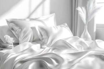 Poster - Elegant bedroom arrangement featuring soft satin bedding in minimalist style