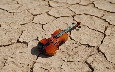 Poster - Brown Violin on Dry Cracked Earth in Desert