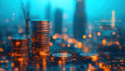 Poster - Stacked Coins with Bokeh Lights and Urban Landscape at Dusk, Reflecting Economic Growth and Investment Potential in a Modern City
