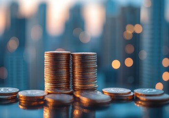 Poster - Stacks of Coins with Blurred Skyline and Bokeh Effect Capturing Financial Prosperity and Urban Growth in the Background during Sunset
