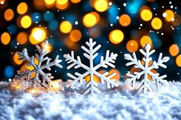 Poster - Magical winter still life with decorative snowflakes and festive bokeh lights