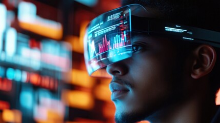 Fototapete - Businessman wearing futuristic augmented reality glasses analyzes financial data on a transparent screen within a virtual reality environment, highlighting technological innovation in finance