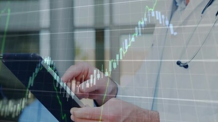 Poster - Analyzing financial graph overlay, doctor using tablet for data review in office