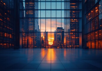 Poster - Stunning Urban Sunset Reflection in Modern Office Building with Glass Facade and Cityscape Background Illuminated by Warm Evening Light