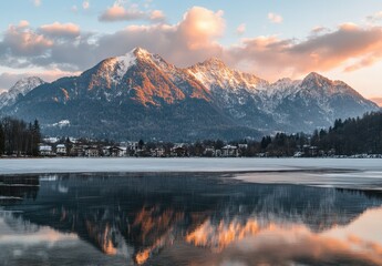 Poster - Stunning Winter Mountain Landscape at Sunset with Reflections in Calm Waters and Scenic Village by Frozen Lake in Alpine Region