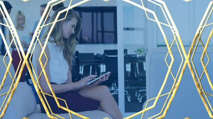 Poster - Using tablet in office, woman interacting with geometric frame animation