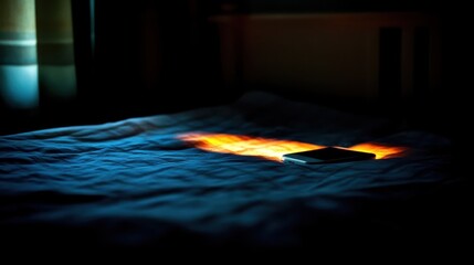Poster - A smart device rests on a textured blue bedsheet receiving sunlight
