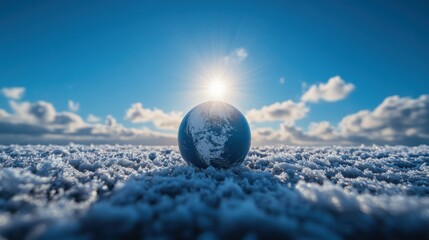 Wall Mural - A solitary globe rests amid snow beneath a vibrant sunlit sky