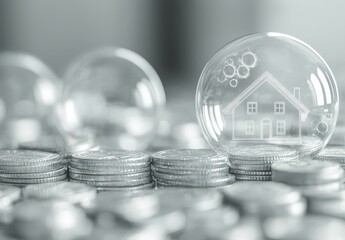 Poster - Transparent bubbles and stack of coins symbolizing real estate investment and financial growth in a creative conceptual imagery for housing market