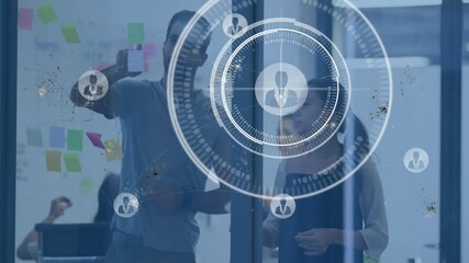 Poster - In office, business professionals collaborating with digital network animation overlay