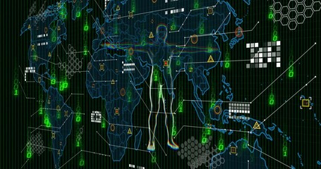 Aufkleber - Digital human silhouette over world map with data and binary code animation