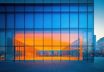 Poster - Vibrant Architecture with Glass Facade Reflecting Colorful Sunset in Urban Environment, Modern Design, Abstract Beauty and Dynamic Composition