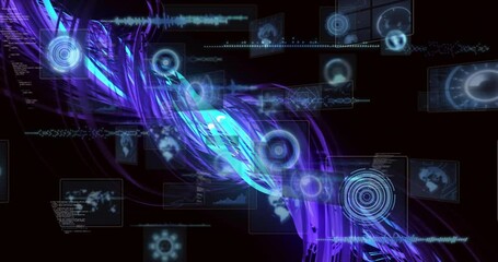 Poster - Animation of glowing blue and purple data streams with futuristic digital interface