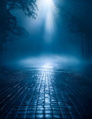 Poster - A bright beam of light shines through trees onto a dark, wet cobblestone path with a smoky atmosphere, creating a mysterious, ethereal scene. Generative AI.