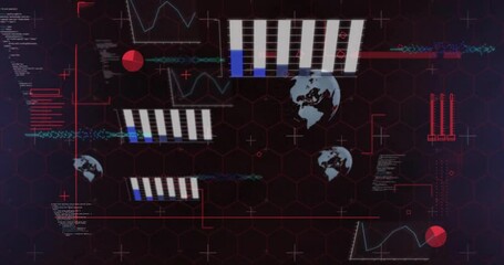 Poster - Graphs and charts animation over world map on hexagonal patterned background