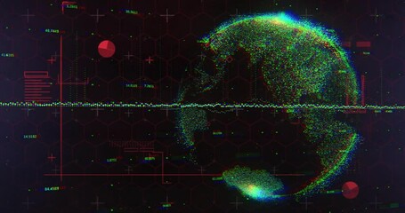 Poster - Animation of digital globe with data points and graphs on dark hexagonal background