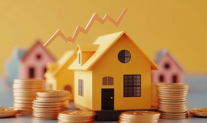 Poster - Vibrant Yellow House Model Surrounded by Stacks of Coins and Growth Chart Illustrating Rising Real Estate Value and Investment Opportunities