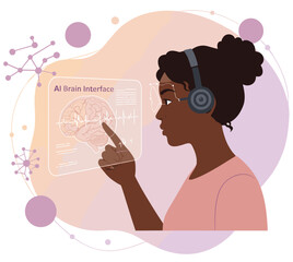 Black woman using AI Brain Interface programming. Colorful minimalist flat design illustration