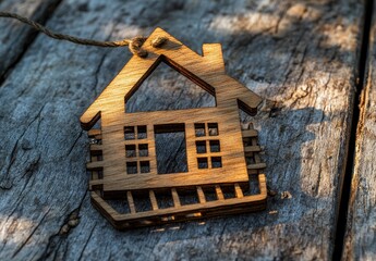 Poster - Wooden House Decoration Hanging on Rustic Surface with Natural Lighting, Perfect for Home Decor and Crafting Projects