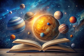Wall Mural - A cosmic spectacle unfolds from the pages of an open book, showcasing a vibrant array of planets and celestial bodies against a backdrop of twinkling stars and swirling nebulae.
