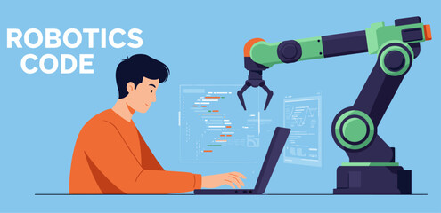 Man working on robotics code with laptop computer. Colorful minimalist illustration
