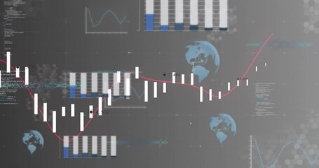 Wall Mural - Financial data charts and graphs with world map animation on gray background