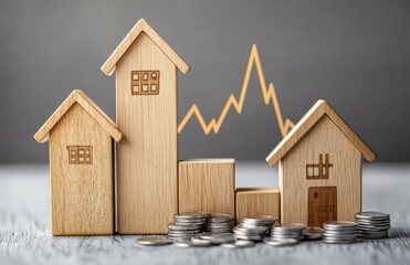 Poster - Wooden houses alongside stacks of coins with a rising graph symbolizing real estate investment, market trends, and financial growth concepts