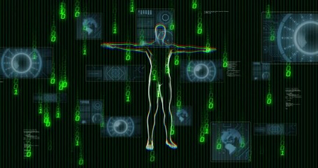 Poster - Human silhouette with digital data and binary code animation in background