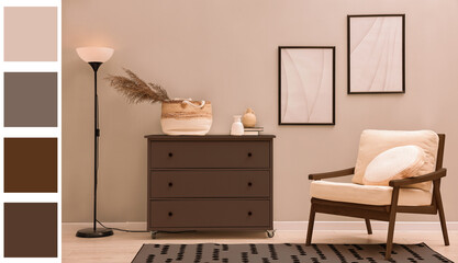 Poster - Dresser in mocha mousse shade and other furniture in room. Interior design with matching color palette