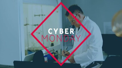 Poster - In lab, scientist working with animation of Cyber Monday text overlay in red diamond