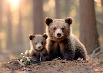 photograph of a brown bear with cubs in the