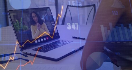 Poster - In office, businesswoman on video call with animation of financial graphs and charts