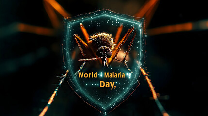 A powerful malaria prevention poster featuring a mosquito inside a digital health shield with bold text 