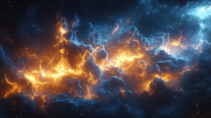 A nebula displaying a bright orange and blue cosmic scene filled with light and surreal celestial clouds