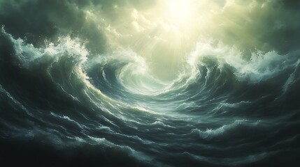 Aufkleber - Dramatic ocean waves illuminated by ethereal light breaking through clouds.