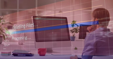 Poster - Deleting files and processing animation over person working at desk with computer