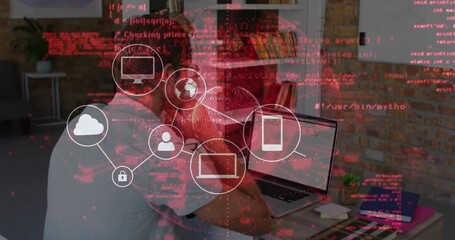 Poster - Working on laptop, person using animation for data processing and digital network