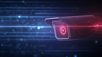 Poster - Surveillance camera with digital effects and a red light on a dark background.