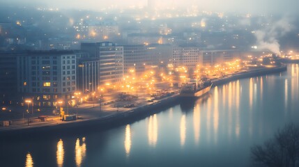 Poster - Misty cityscape at night with glowing lights reflecting on the water.
