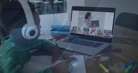 Poster - In school, child wearing headphones attending online class with animation on laptop